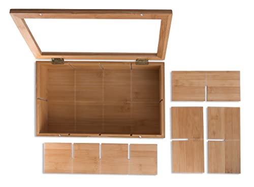 Randomgrounds 100% Bamboo Tea Box Storage Organizer, Taller Size Holds 120+ Standing Or Flat Tea Bags, 8 Adjustable Chest Compartments, Natural Wooden Finish #TOP7