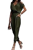 PRETTYGARDEN Jumpsuit for Women Casual Summer Wrap V Neck Cold Shoulder One Piece Outfits Pants Romper (Army Green,Large)