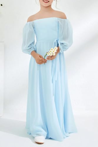 Elegant Boat Neck Junior Girls Bridesmaid Dress Long Sleeve A Line Formal Birthday Chiffon Dress3