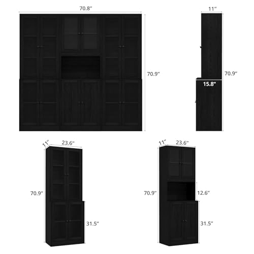 TUSY 71\'\' Tall Pantry Cabinet, Kitchen Hutch Storage Cabinet, Buffet Hutch Set of 3, China Cabinet with Glass Doors, 5-Tier Storage Cabinets for Dining Room, Living Room (Black)