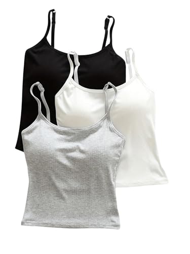 WDIRARA Women's 3 Pack Cami Crop Top Built in Bra Spaghetti Strap