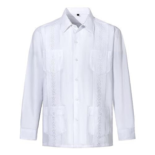 Camisa Guayabera de manga larga con botones para hombre, estilo informal, bordada, para la playa cubana, reloj de mano original, Blanco, XXXL