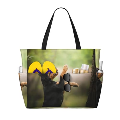 Sac de plage Rottweiler pour femme, grand cabas fourre-tout imprimé chien bokeh avec poignées