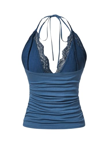 MakeMeChic Women's Halter Top Y2K Lace V Neck Ruched Low Cut Halter Tank Tops Camisole Tops2
