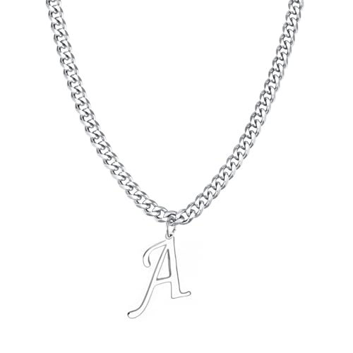 Collier acier inoxydable homme chaîne cubaine et pendentif lettre initiale femme 53cm