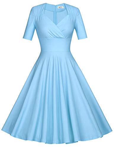 MUXXN Damen 50er Jahre Vintage Kurzarm Plissee Swing Kleid - Blau - Groß Cover
