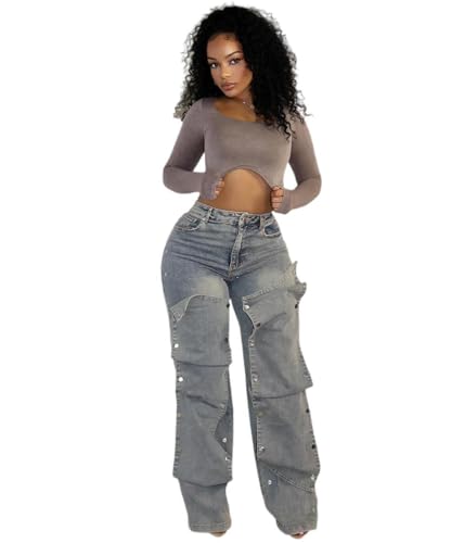 Women's High Waist Work Jeans, Straight Wide Leg, Loose Fit, Removable Stitching, Asymmetric, Stretch Denim2