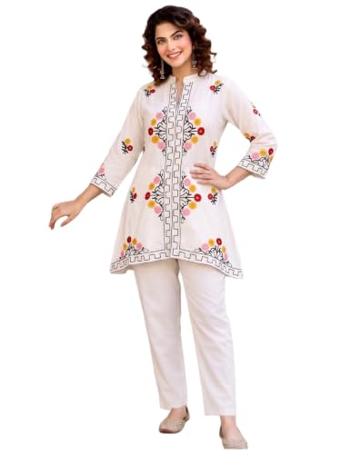 Image of ANNI Designer Women Kurta Set | Cotton Embroidered A-Line Kurta with Pant Co-ord Set | 3 /4 Sleeve Mandarin Collar Kurti Set for Women | Daily Office Party Wedding Ethnic Suit