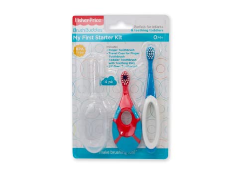 Fisher Price | My First Starter Kit | Conjunto de 4 peças | Escova de dentes e estojo de viagem para dedos, escova de dentes infantil com anel para dentição, escova de dentes Lil' Ones