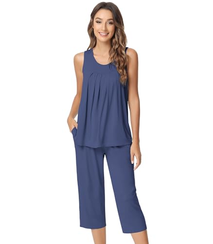 Image of NACHILA Pajamas for Women-Viscose Made from Bamboo, Sleeveless Pjs Tank Top Capri Pants Pajama Sets Cooling Sleepwear