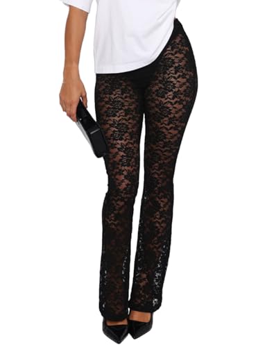 Lace Flare Pants for Women - Sexy See Through Mid-Waist Bell Bottom Leggings Trousers Party Clubwear Black M