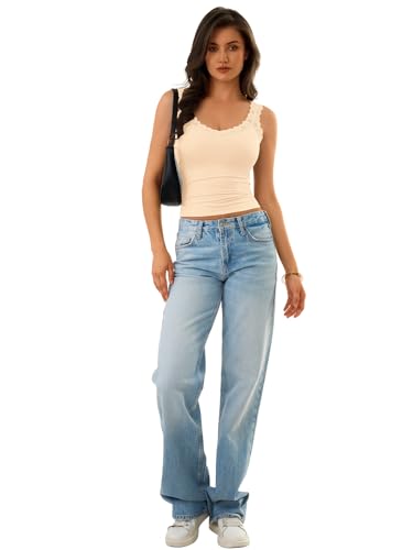 GKBK Tank Tops for Women Ribbed Slim Fit Camisole Sleeveless Lace Tank Tops Summer Casual Basic Tops Cute V Neck Soft Lace Trim Cami Undershirt Spring Clothes 2026 Fashion Outfits Apricot — view 6