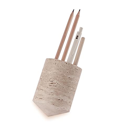 JIMEI True Natural Travertin-Marmor-Revolver-Stifthalter für den Schreibtisch - Kostenloser drehbarer Stifthalter - coole Gadgets für Schreibtisch-Organizer, Geburtstagsgeschenke für Männer und Frauen Cover