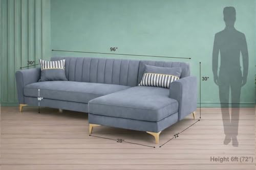 Image of Adorn India Premium Luster 6 Seater L Shape Sofa Set | Velvet Suede Fabric | 3-Year Warranty | RHS |Color Grey with Golden Legs & Striped Pattern Cushion