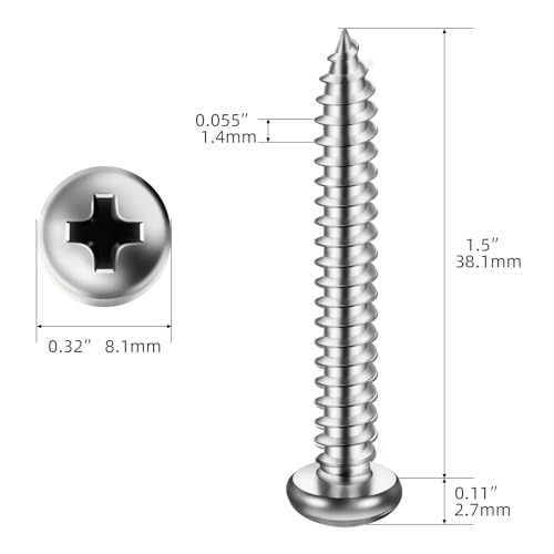 Mellewell #8 x 1-1/2" Pan Head Self Tapping Screw, Pan Head Sheet Metal Screws Wood Screws, Stainless Steel 304 (18-8), 100 Pack