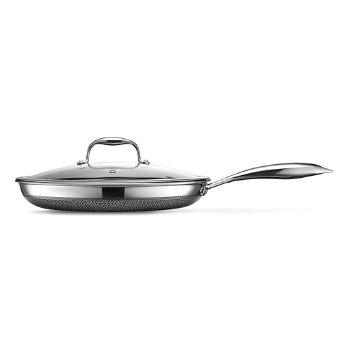 HexClad Hybrid Nonstick 12-Inch Frying Pan with Tempered Glass Lid, Stay-Cool Handle, Dishwasher-Friendly, Oven-Safe Up to 900°F, Induction Ready, Compatible with All Cooktops