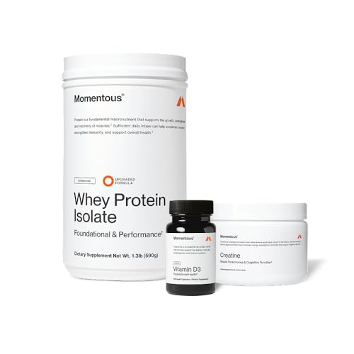 Momentous Arnold's Stack - Creatine Monohydrate Powder, Essential Grass-Fed Whey Protein Powder (Unflavored) & Vitamin D3 (2000 IU) - Daily Fundamentals to Support Muscle Strength & Longevity