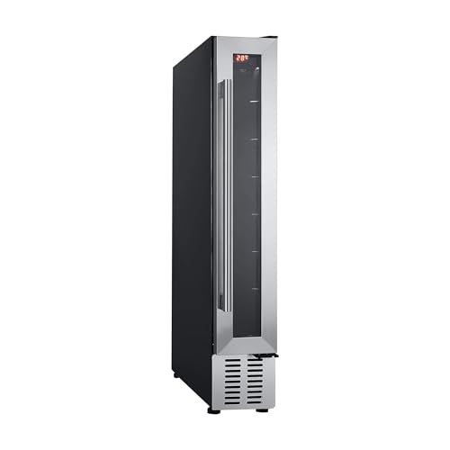 Cookology CWC150SS Freestanding under counter Wine Fridge Cabinet in Silver - 20 Litre Capacity - 15cm Width - 7 Bottles - Digital Temperature Control - Reversible Door