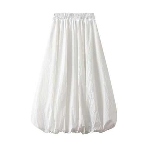 Women's White Bubble Midi Skirt Elastic Waist Flowy Balloon Skirt Casual Party Spring Summer Holiday Outfit