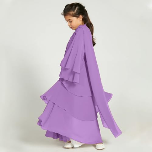 Muslim Chiffon Abaya for Girls Open Front Cardigan Modest Dress Middle East Arabian Robe Islamic Long Dress Abaya For Girls Muslin Prayer Church Eid Ramadan Tight Knot Dress Purple 11-12 Years3