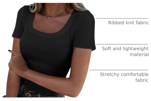 Image of Roselux Women's Summer Scoop Neck Short Sleeve T-Shirts Ribbed Knit Slim Fitted Casual Basic Top