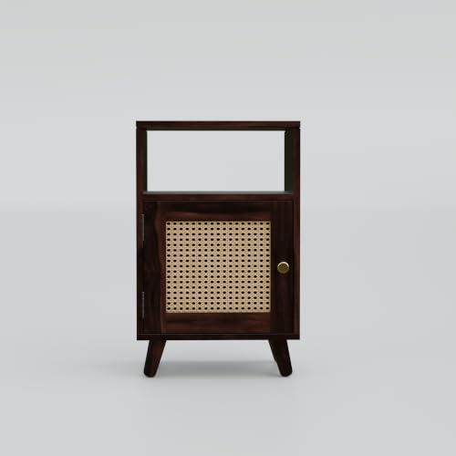 Image of Solid Sheesham Wood Bedside Table with Natural Cane Rattan Door & Open Shelf | Wooden Nightstand with Storage Cabinet | End Table for Bedroom (Walnut Finish)