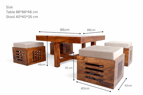 Image of Solid Sheesham Wood Center Coffee Table Set - Includes 4 Stools and Glass top Table Wooden Niwar Design ; Furniture for Living Room, Hall and Office. (Natural)