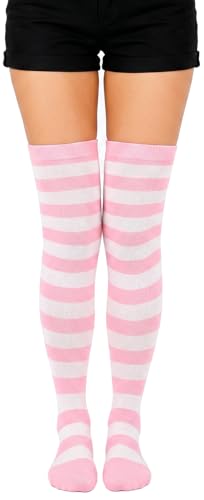 BAOKELAN Women Over Knee High Socks Striped Thigh High Socks Pink+White