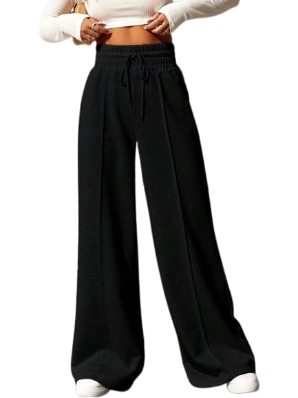 Posu Trendz Women's Wide Leg Casual Pants, High Waist Cotton Blend, Drawstring, Light Colour, Relaxed Fit