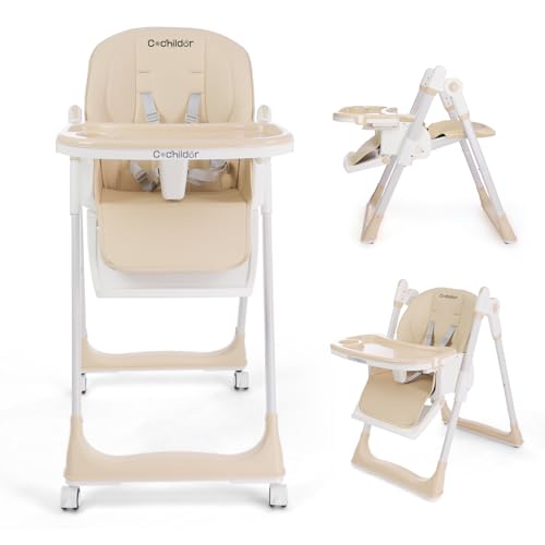 Image of Cochildor 3-in-1 Foldable High Chair for Babies & Toddlers – Adjustable Height, Reclining Seat, 5-Point Safety Harness, Removable Tray, Lockable Wheels and Washable Cushion, Beige