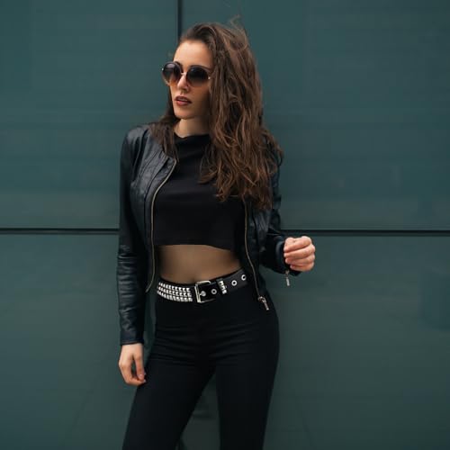 3 Pcs Black White Studded Belt Y2K Star Belt Gothic Punk Rock Belts with Grommet Threads Bright Metal Pyramid Cool Belts for Women Men4