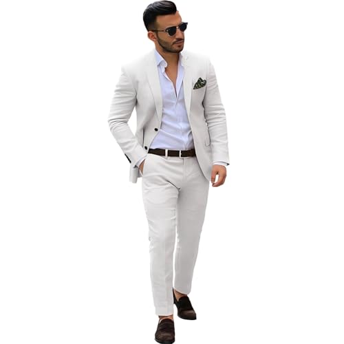 Linen Suits for Men 2 Piece Slim Fit Wedding Groomsmen Casual Summer Linen Blazer Pants Suit