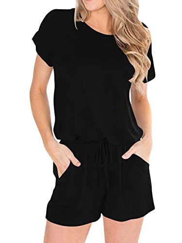 Anrabess Women's Summer Black Casual Short Sleeve Crewneck Jumpsuit Rompers With Pockets Lounge Rompers Hei-M Byf-33 #TOP1