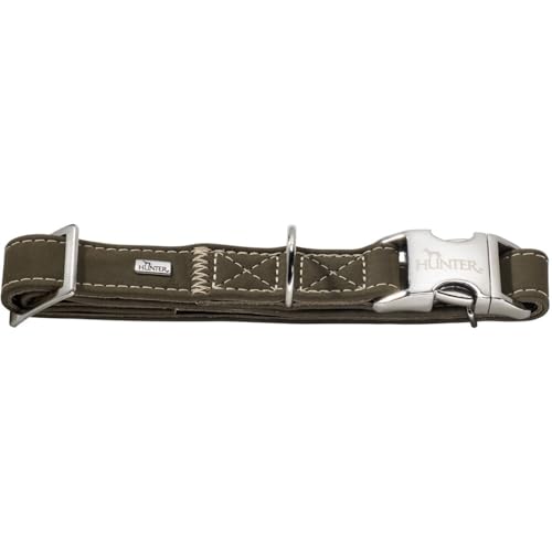 HUNTER HUNTING ALU-STRONG Hundehalsung, Hundehalsband, Aluminium Steckverschluss, Leder, robust, weich, L, oliv