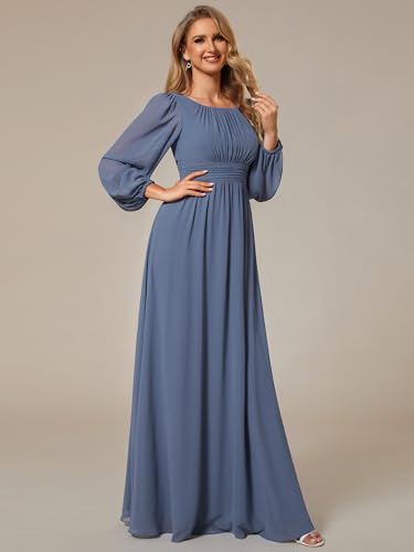 Image of Ever-Pretty Women's Crewneck Long Lantern Sleeves Floor Length A-Line Pleated Chiffon Formal Dress 0106B