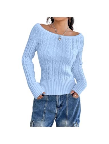 ZAFUL Women’s Boat Neck Cable Knit Sweater, Long Sleeve Off Shoulder Ribbed Slim Fit Pullover Tops Cute Fall Outfits 2025