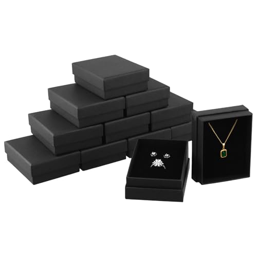 QWORK Caixas de presente de papel kraft preto de 12 peças para jóias, ideais para brincos e anéis, perfeitas para aniversários, casamentos, presentes de Natal, 9 x 7 x 3 cm