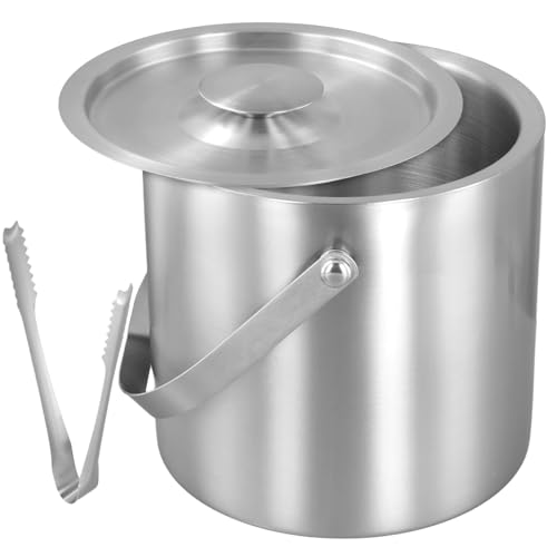 SYUTBOU Cubitera de acero inoxidable con tapa y pinzas, 2 unidades, 3 L, para bar y casa, 18 x 17 cm