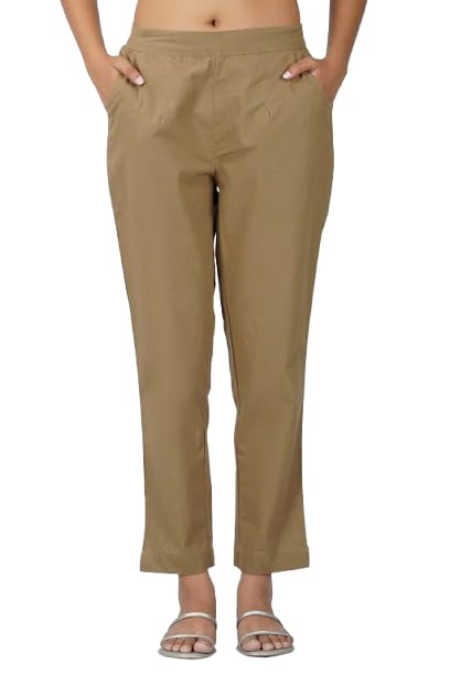 GoSriKi Woman Trousers Pants Pure Cotton Regular Fit Half Elastic Waistband Kurti Pant Perfect Everyday Wear Formal Casual Use in neutral