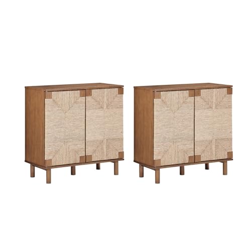 Image of Nathan James Beacon Boho Accent Cabinet with Doors, TV Stand with Adjustable Interior Shelf and Seagrass Accent, Dark Brown, Set of 2