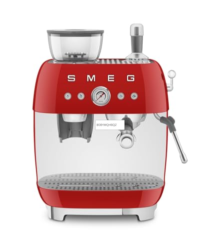 Smeg, EGF03RDEU, manuelle Espressomaschine, mit integrierter Kaffeemühle, Thermoblock, 4 Temperaturstufen, Dampfdüse und Druckmesser, 1-l-Tank, kompakte Größe, 1350 W, Rot