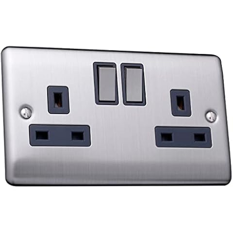 Pentire 13A 2 Gang Switched Socket, Double Pole Brushed Chrome, Metal Switch, Grey Insert Cover