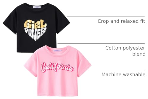 Image of Stylish Graffiti /Butterfly Graphic Crop Top for Girls -Cool Summer T-Shirt Soft Colorful 2-Pack Tees Size 6-18