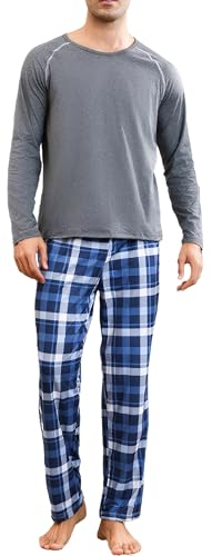 Men's Pajama Set Long Sleeve Top with Plaid Pants 2-Piece Sleepwear Comfort S-XL