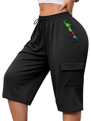 XYXYING Womens Hiking Cargo Shorts Lightweight Quick-Dry 7 Long Shorts with Zipper Pockets for Outdoor Running Black