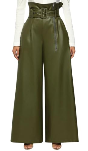 Women's Faux Leather Wide Leg Pants High Waist Side Zipper Baggy PU Leather Pants Party Club Trousers with Belt
