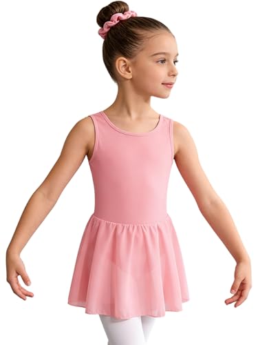 Hedmy Vestido Ballet de sin Mangas Niña Leotardo Gimnasia Ritmica Body Clásico de Baile Competición con Falda Gasa y Coletero Disfraz de Bailarina Rosa 7-8 años