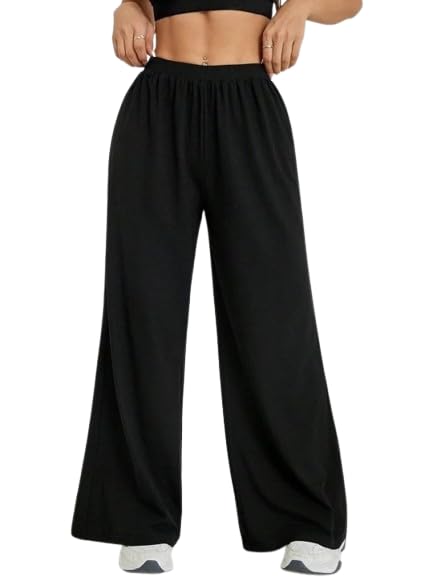 Image of Women's Casual Black Straight Fit Pants | Soft Pants with Adjustable Drawstring & Side Pockets
