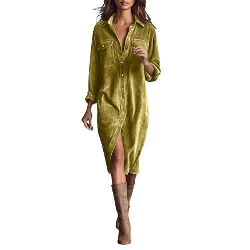 Cihdmfb Cordkleid Damen Lässig Revers Langarm Hemdkleid Vintage Einfarbig Cord Blusenkleid Oversize V-Ausschnitt Knopfleiste Maxikleid Winter Casual...