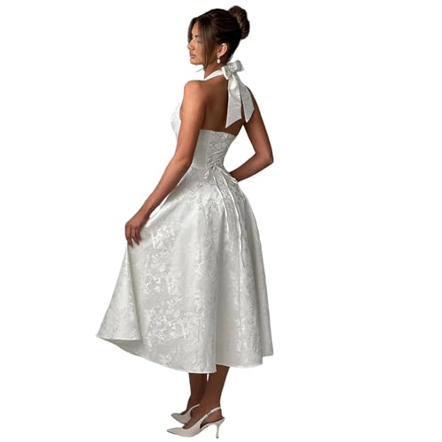 Women's Elegant Floral Jacquard Satin Prom Dresses Halter Backless Pleated A-Line Corset Party Gowns Dresses4